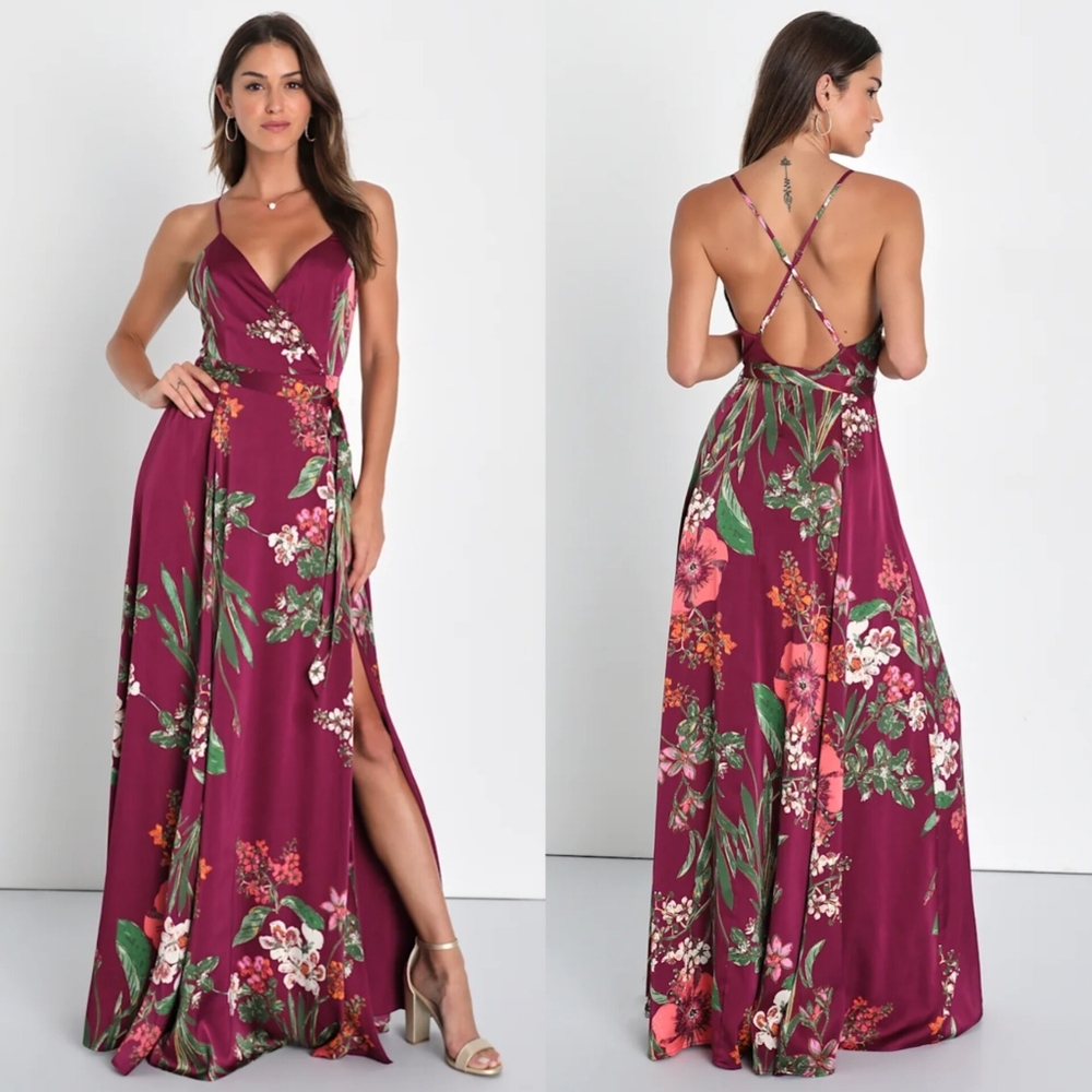 Lulus Still the One Burgundy Floral Print Satin Maxi Dress S Wedding Party